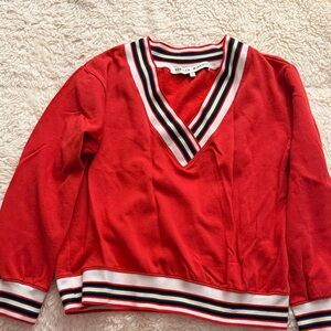 Rebecca Minkoff Red V-Neck Top with Striped Accents